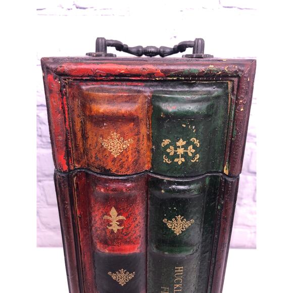 Vintage Decorative Faux Two Book Retro Wine Box Solid Wood Storage Hinge Closure - Picture 13 of 16